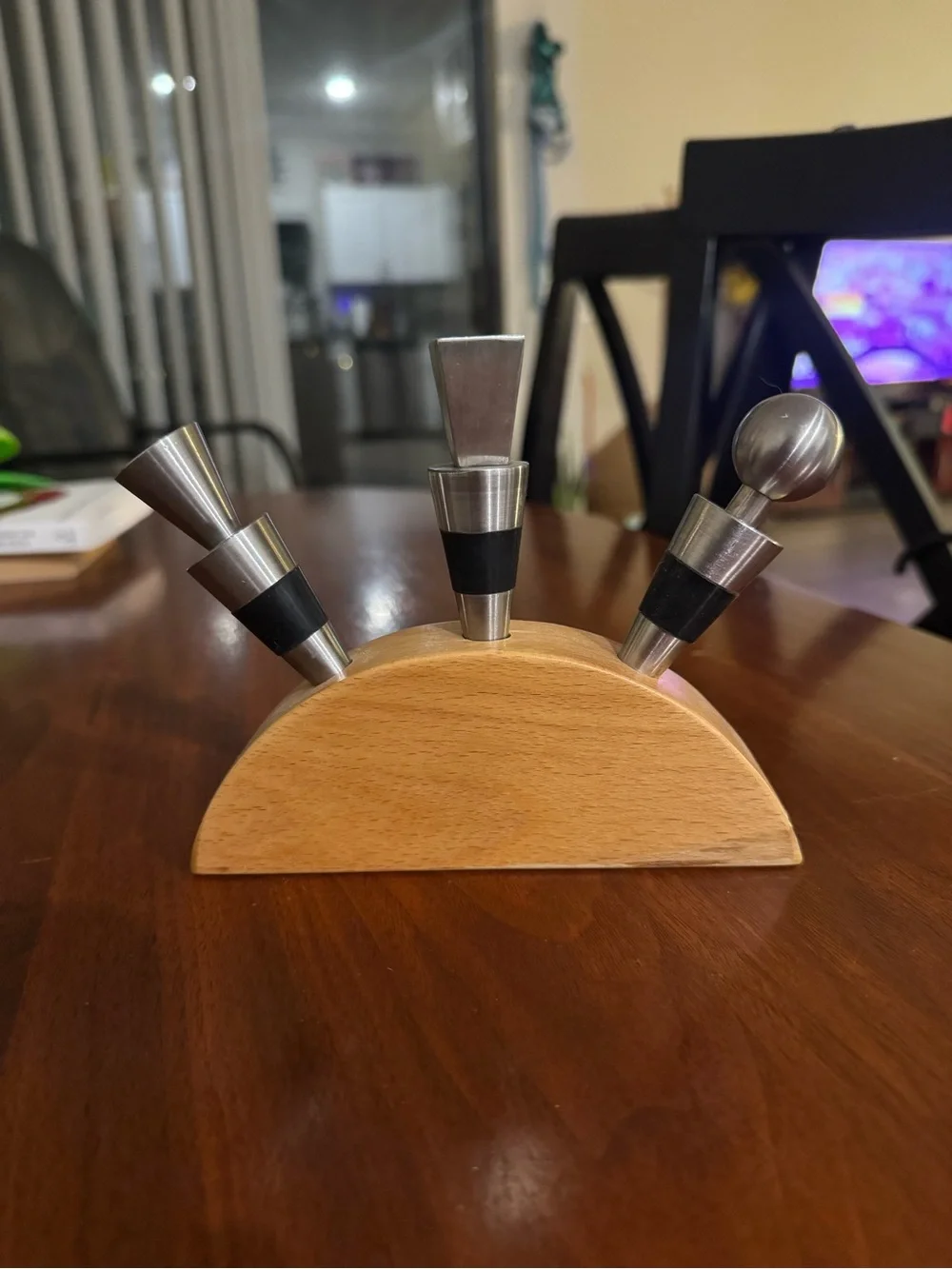 Stainless Steel Wine Stopper Set with Wood Stand - Black Accents